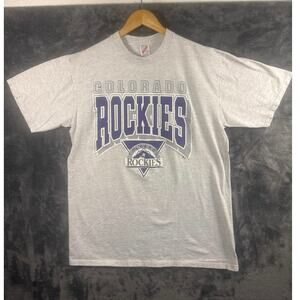VTG 91 Colorado Rockies OG Spell Out Logo Graphic T-Shirt Men’s Large Gray USA